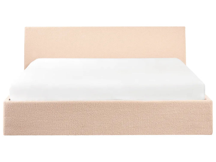 Beige bed frame with white mattress 