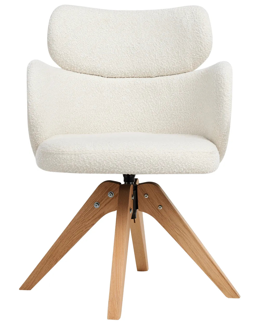 Cream bouclé swivel dining chair with a curved silhouette, supportive backrest, and natural wood swivel base.