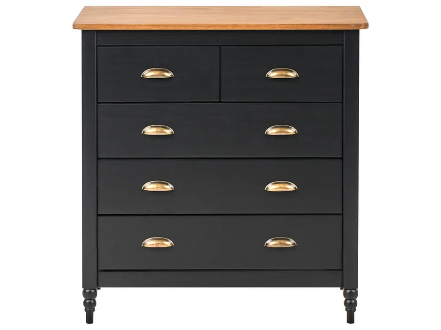Black dresser with wooden top and gold handles on a white background