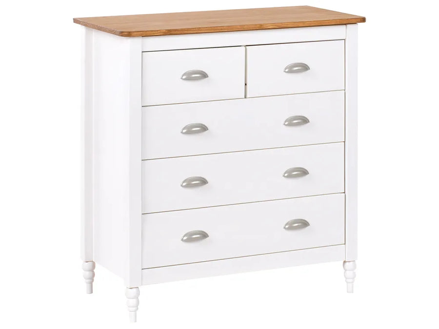 White dresser with wooden top on a white background