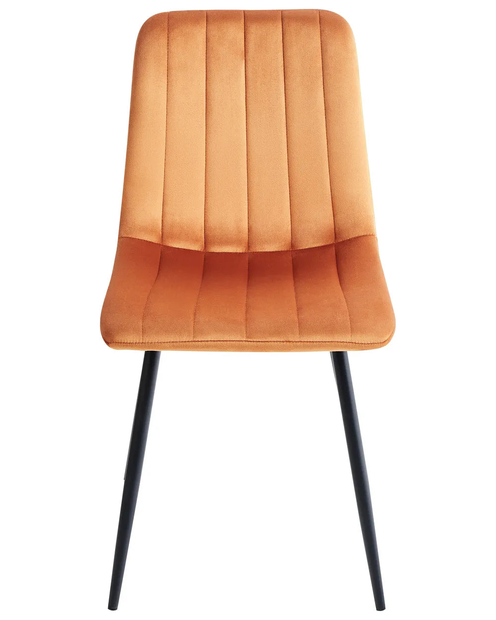 Mustard velvet dining chair with vertical channel stitching and slim black metal legs.