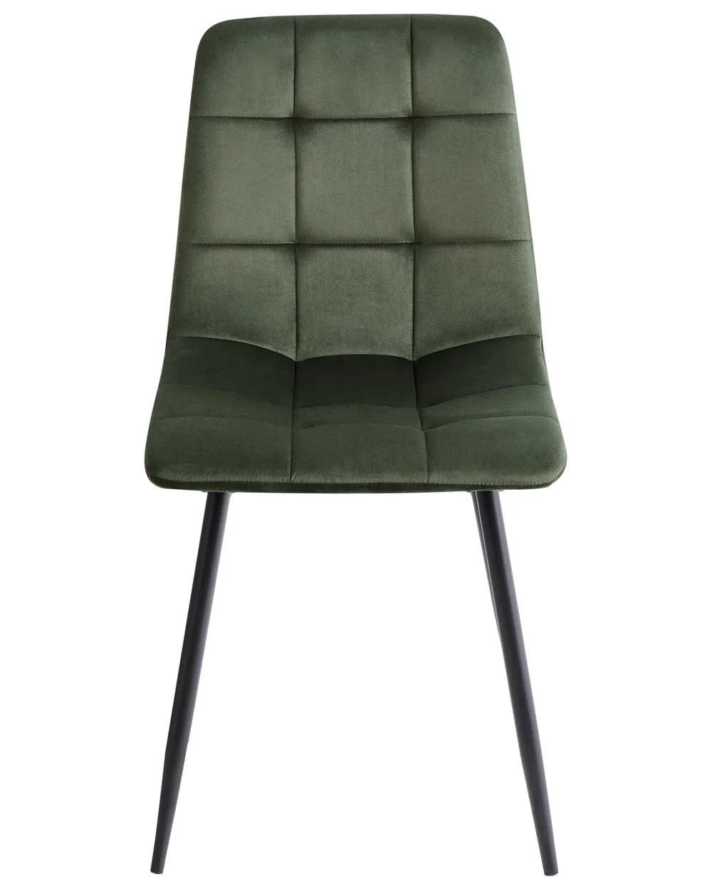 Dark green velvet dining chair with a quilted square-tufted backrest, padded seat, and sleek black metal legs for a modern look.