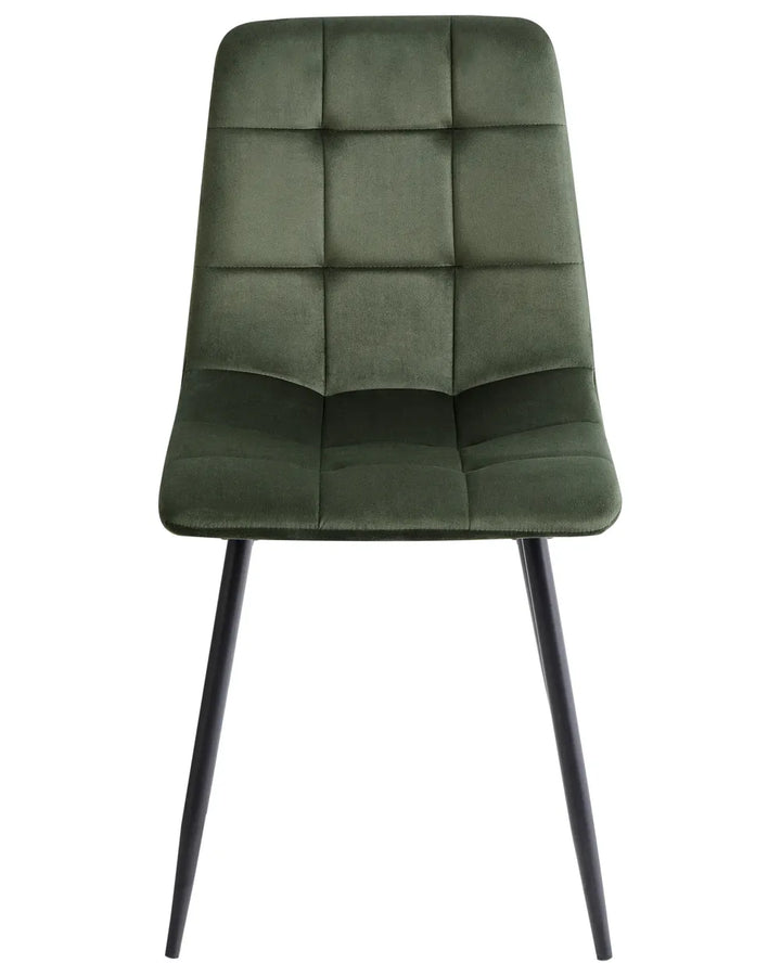 Dark green velvet dining chair with a quilted square-tufted backrest, padded seat, and sleek black metal legs for a modern look.