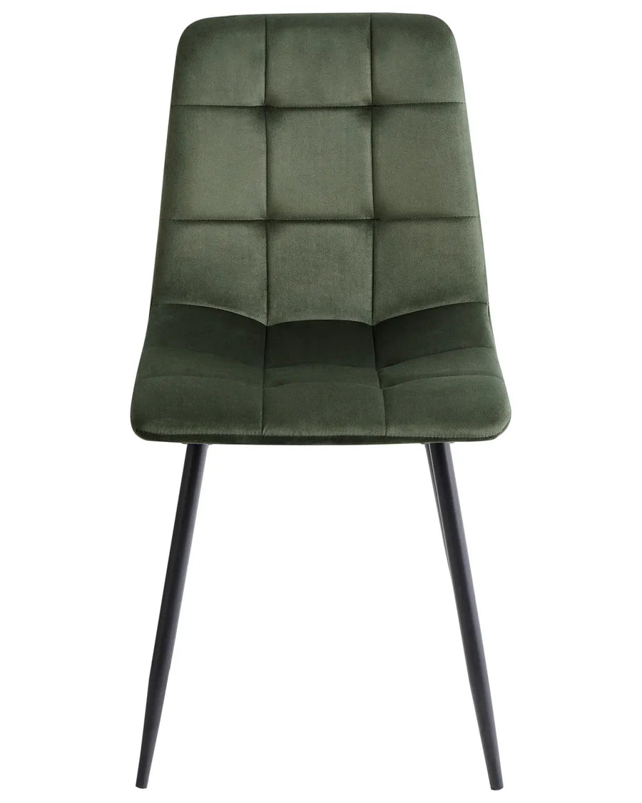 Dark green velvet dining chair with a quilted square-tufted backrest, padded seat, and sleek black metal legs for a modern look.