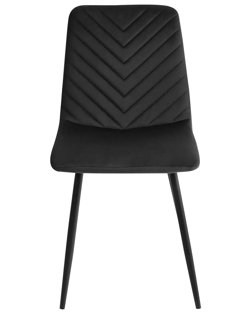 Black velvet dining chair with chevron-stitched backrest and slim black metal legs.