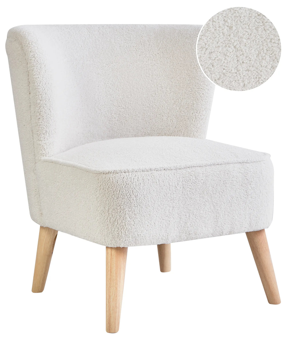 White textured armchair with wooden legs on a white background