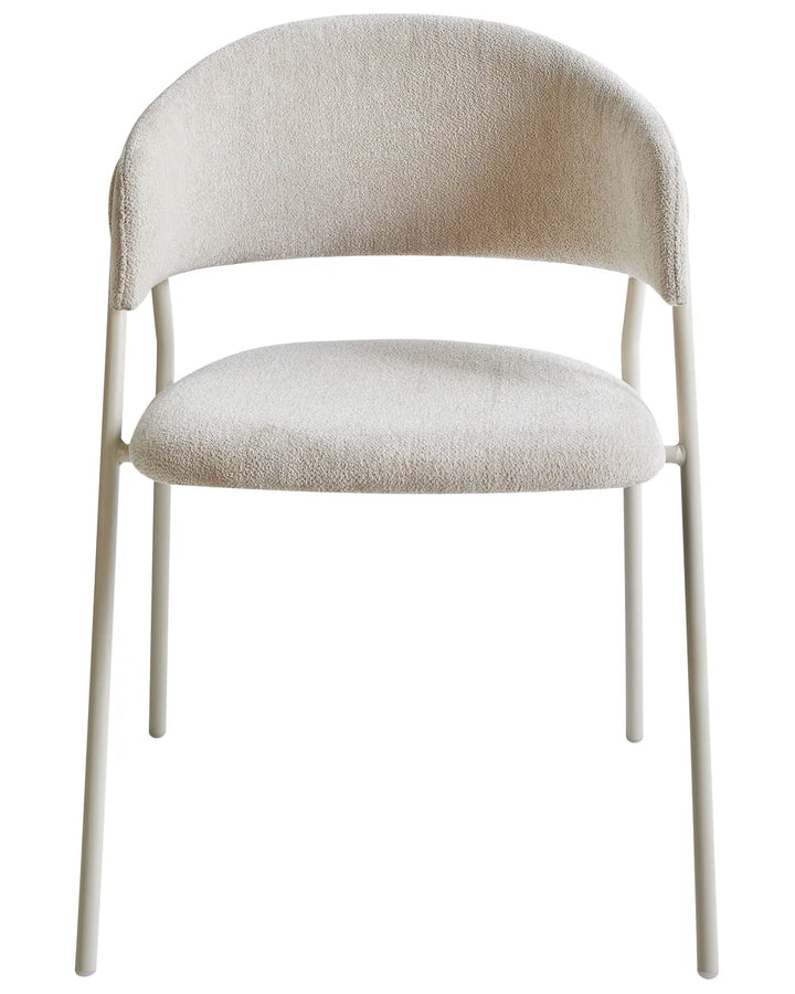 Light beige chenille dining chair with a curved upholstered backrest, padded seat, integrated armrests, and a matching powder-coated metal frame.