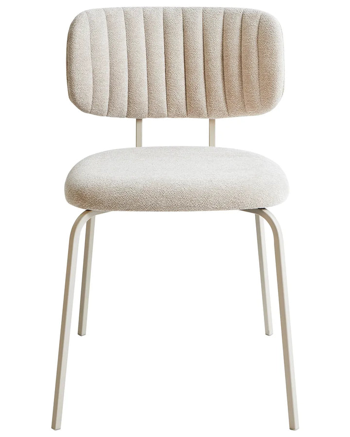 Light beige chenille dining chair without armrests, with a padded seat and vertically stitched upholstered backrest, on slim powder-coated black metal legs.