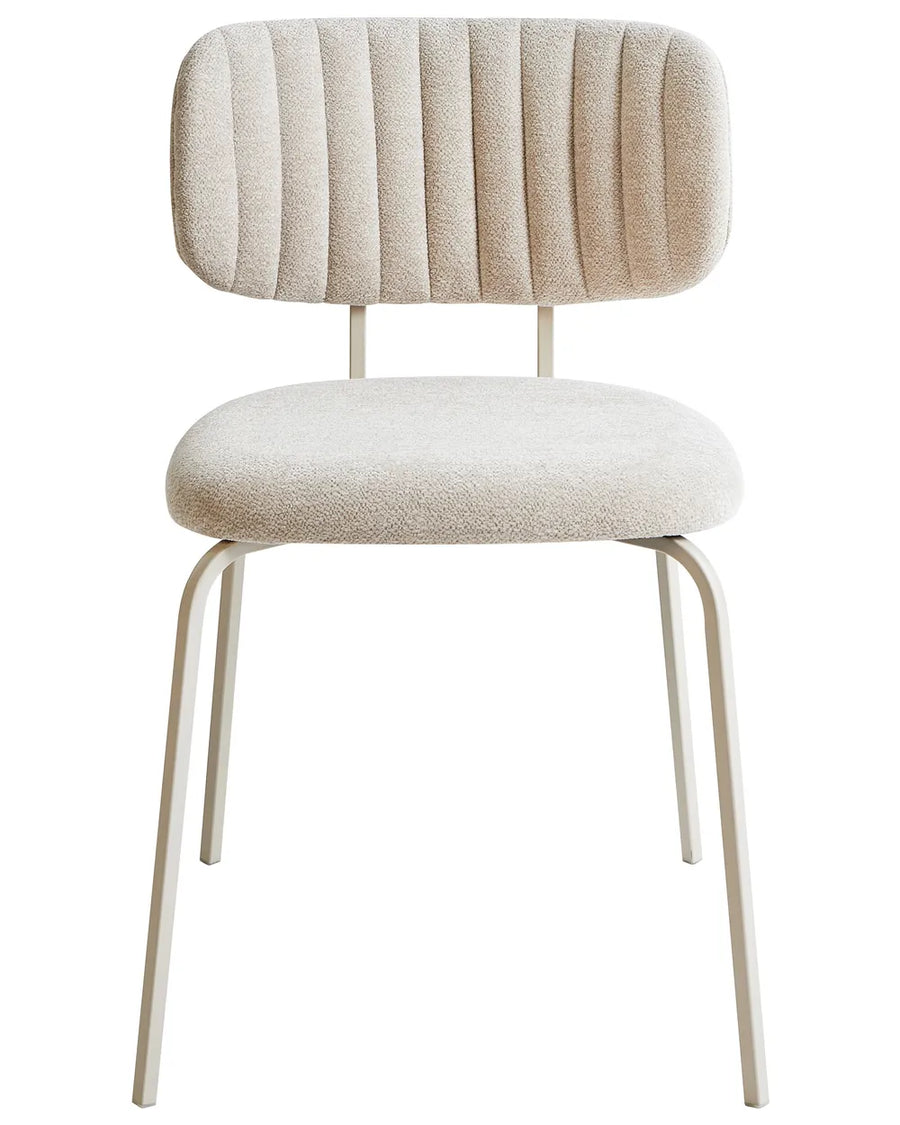 Light beige chenille dining chair without armrests, with a padded seat and vertically stitched upholstered backrest, on slim powder-coated black metal legs.