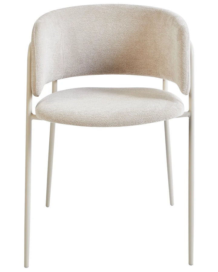 Contemporary dining chair with a curved wraparound backrest, soft beige bouclé upholstery, and a slim metal frame for a refined, modern look.