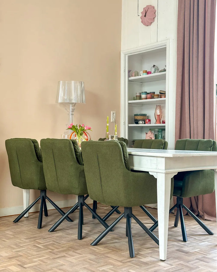 Set of 2 Dining Chairs Swivel Fabric Dark Green Van