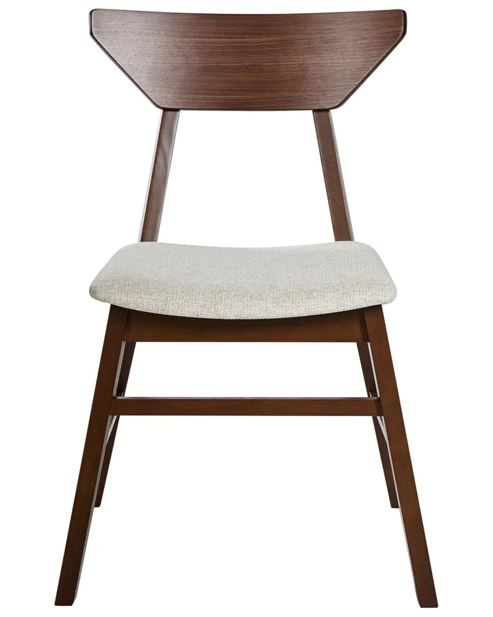 Solid wood dining chair in a walnut finish with a distinctive angular backrest and a padded beige fabric seat. Its clean lines and mid-century-inspired design make it a stylish and comfortable choice for modern dining spaces.