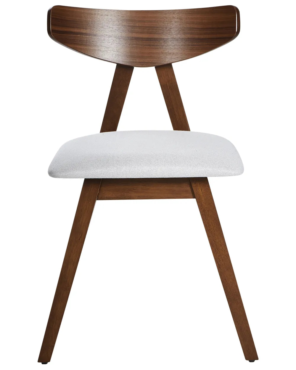 Contemporary dining chair featuring a distinctive curved wood backrest, solid dark walnut-effect frame, and a generously padded light grey upholstered seat. The angled A-frame construction creates a sleek architectural profile while offering reliable stability, ergonomic support, and everyday comfort.