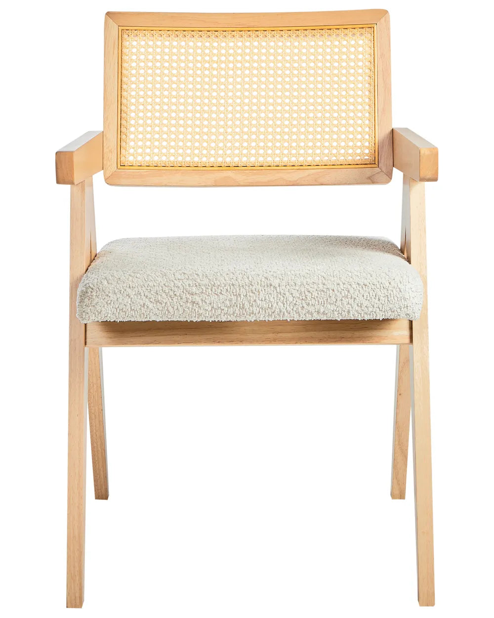Light wood dining chair with woven cane backrest and cream boucle upholstered seat on a white background.