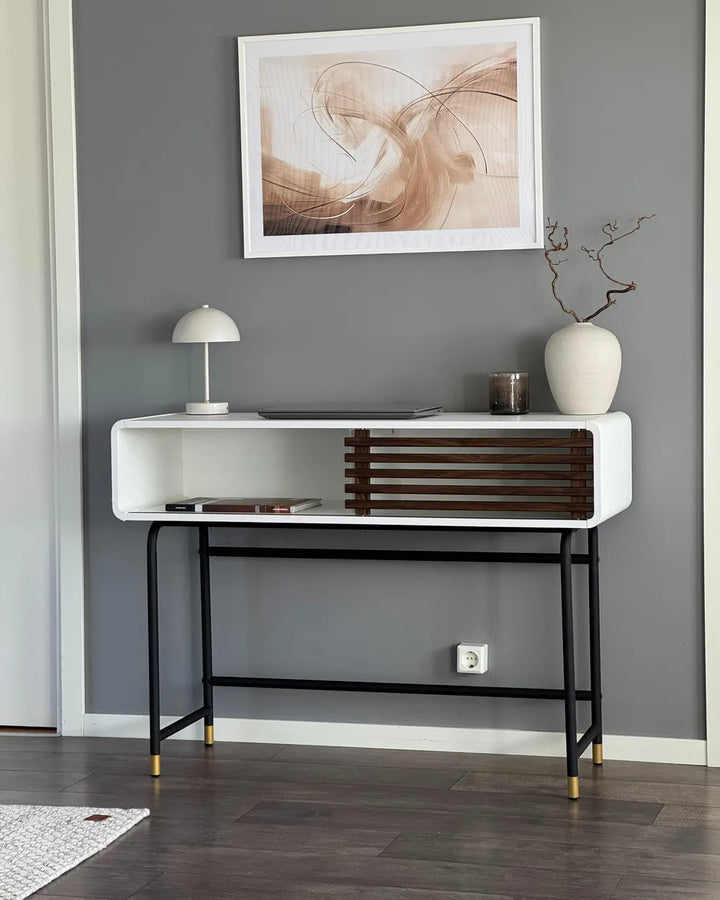 Console Table White Stylish Slatted Sliding Doors Xovira