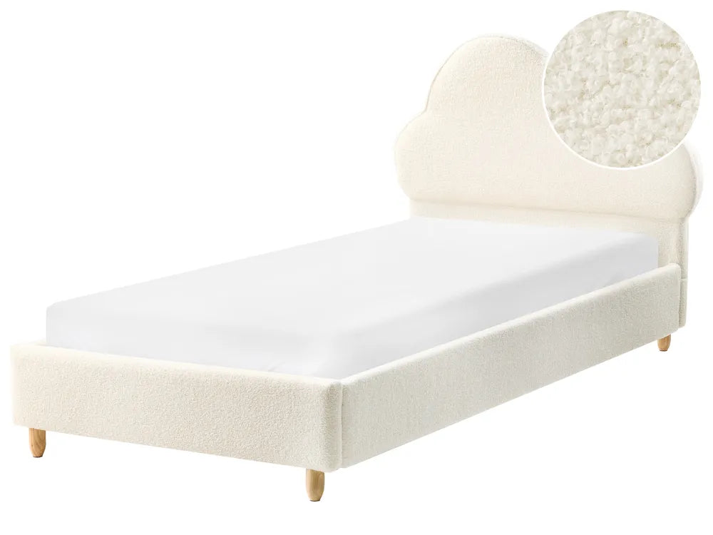 White bed with headboard and mattress on a white background