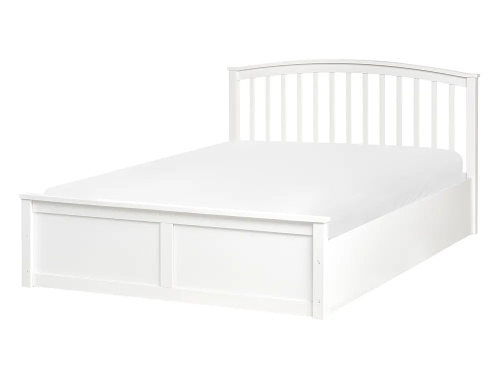 White bed frame with headboard and white mattress on a white background