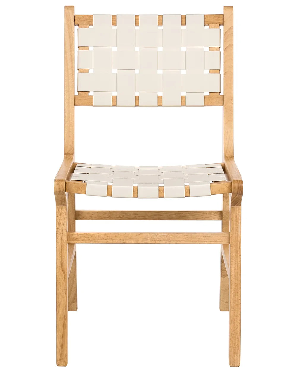 Contemporary dining chair crafted from natural wood with an open-frame design, featuring woven cream straps on both the seat and backrest for a stylish, supportive finish.
