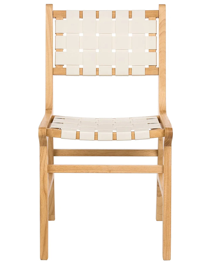 Contemporary dining chair crafted from natural wood with an open-frame design, featuring woven cream straps on both the seat and backrest for a stylish, supportive finish.