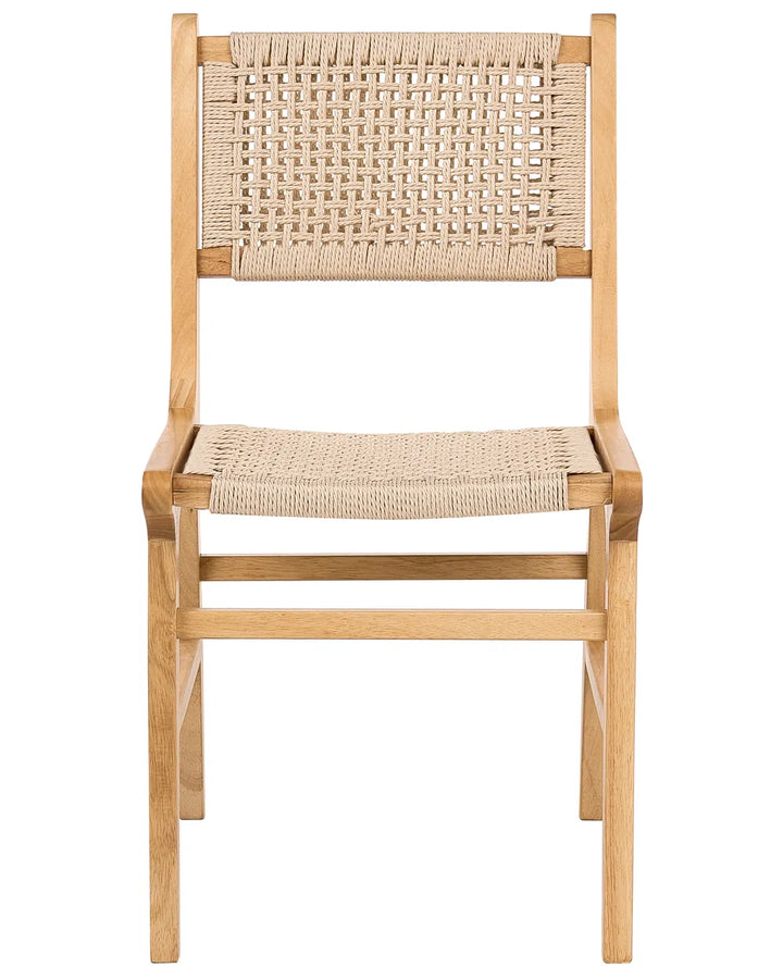 Light wood dining chair with woven rope backrest and seat on a white background.