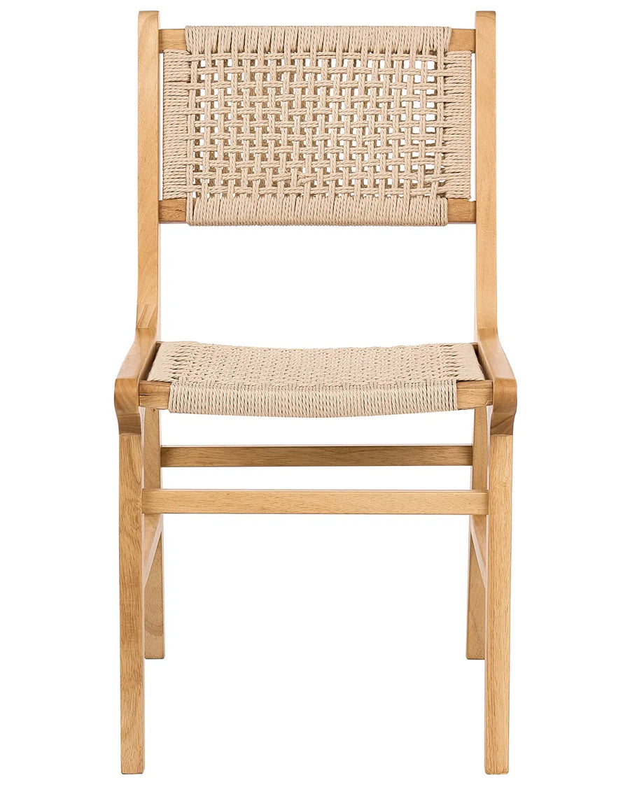 Light wood dining chair with woven rope backrest and seat on a white background.