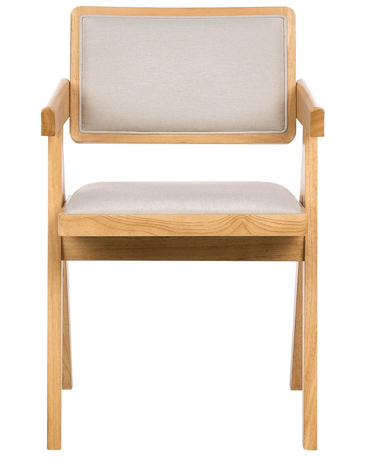 Contemporary dining armchair crafted from solid wood in a natural oak finish, featuring a sleek geometric frame with integrated armrests. The chair is upholstered with soft beige fabric on both the backrest and seat, providing enhanced comfort and support. Its clean lines, warm wood tones, and minimalist silhouette make it an ideal choice for modern, Scandinavian, and Japandi-inspired dining spaces.
