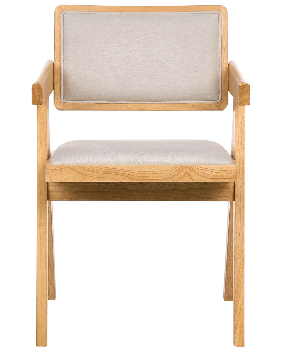 Contemporary dining armchair crafted from solid wood in a natural oak finish, featuring a sleek geometric frame with integrated armrests. The chair is upholstered with soft beige fabric on both the backrest and seat, providing enhanced comfort and support. Its clean lines, warm wood tones, and minimalist silhouette make it an ideal choice for modern, Scandinavian, and Japandi-inspired dining spaces.
