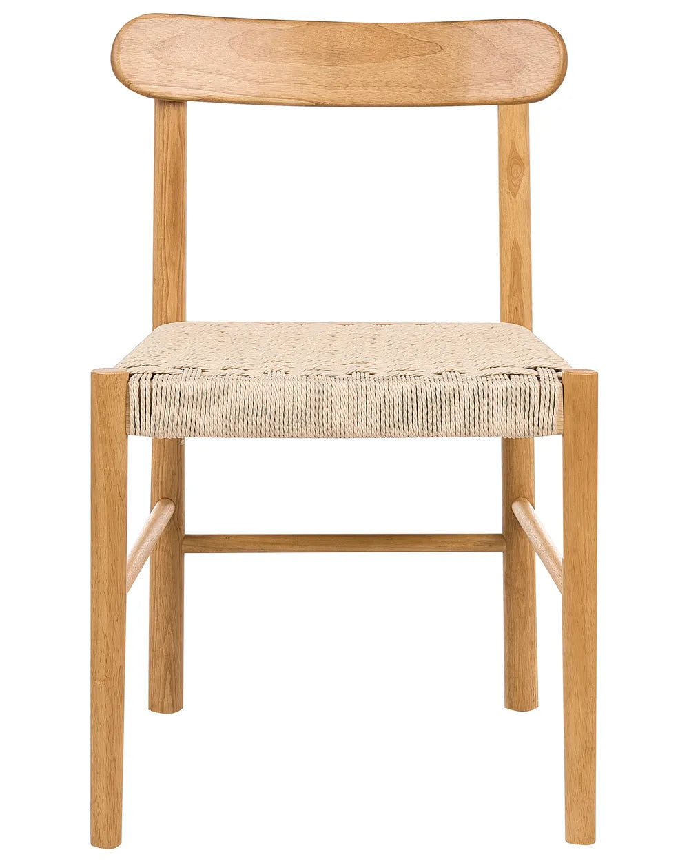 Natural wood dining chair with a handwoven rope seat and gently curved backrest, blending minimalist craftsmanship with organic texture for a warm, Scandinavian-inspired look.