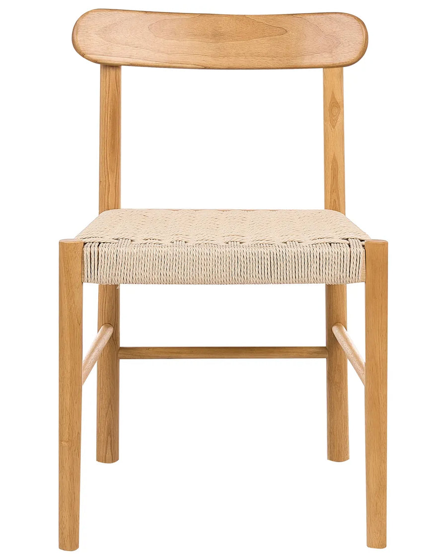 Natural wood dining chair with a handwoven rope seat and gently curved backrest, blending minimalist craftsmanship with organic texture for a warm, Scandinavian-inspired look.