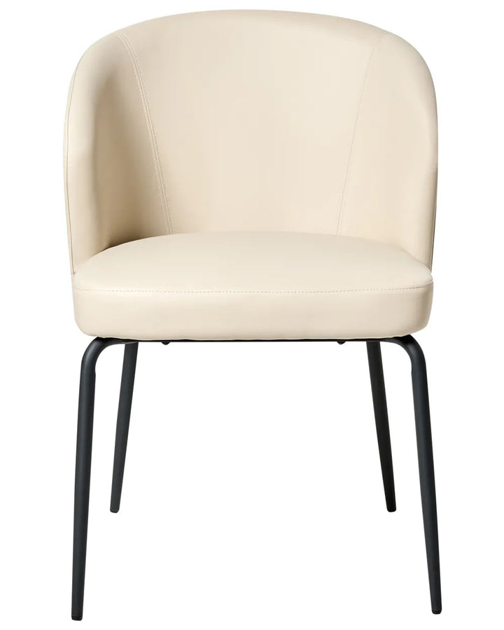 Light beige faux leather dining chair with a curved wraparound backrest, padded seat, and slim black metal legs, offering a clean Scandinavian-inspired look.