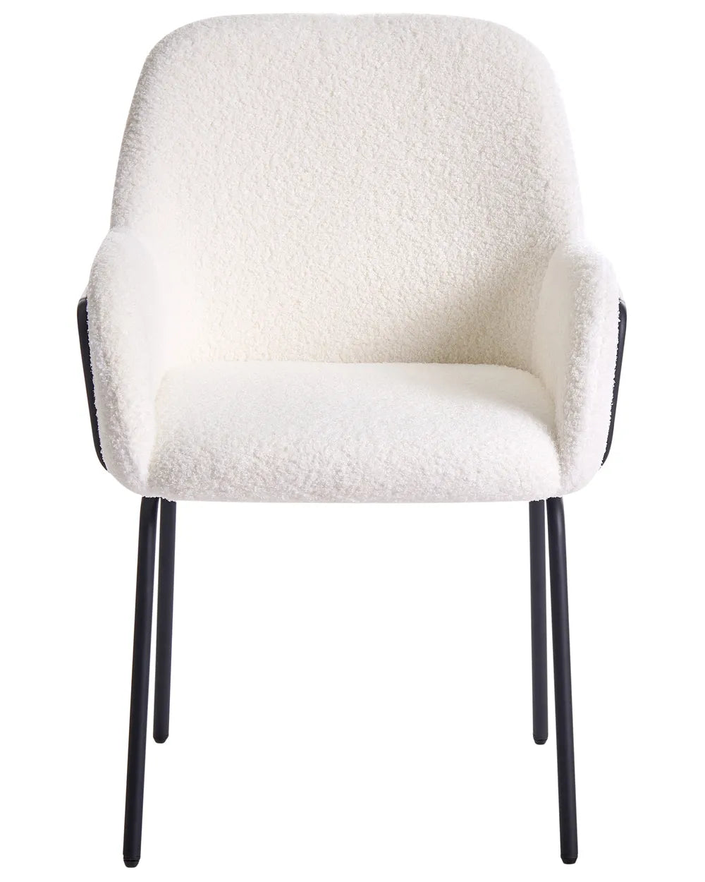 Off-white bouclé dining chair with a rounded upholstered backrest, padded seat with integrated armrests, and slim black metal legs.