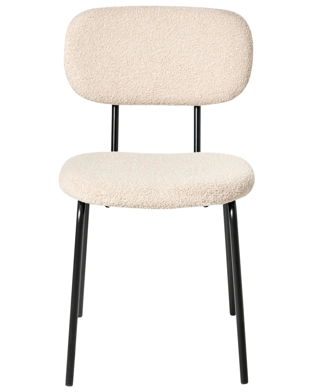 Beige bouclé dining chair without armrests, with a softly curved upholstered backrest and padded seat, on slim black metal legs.
