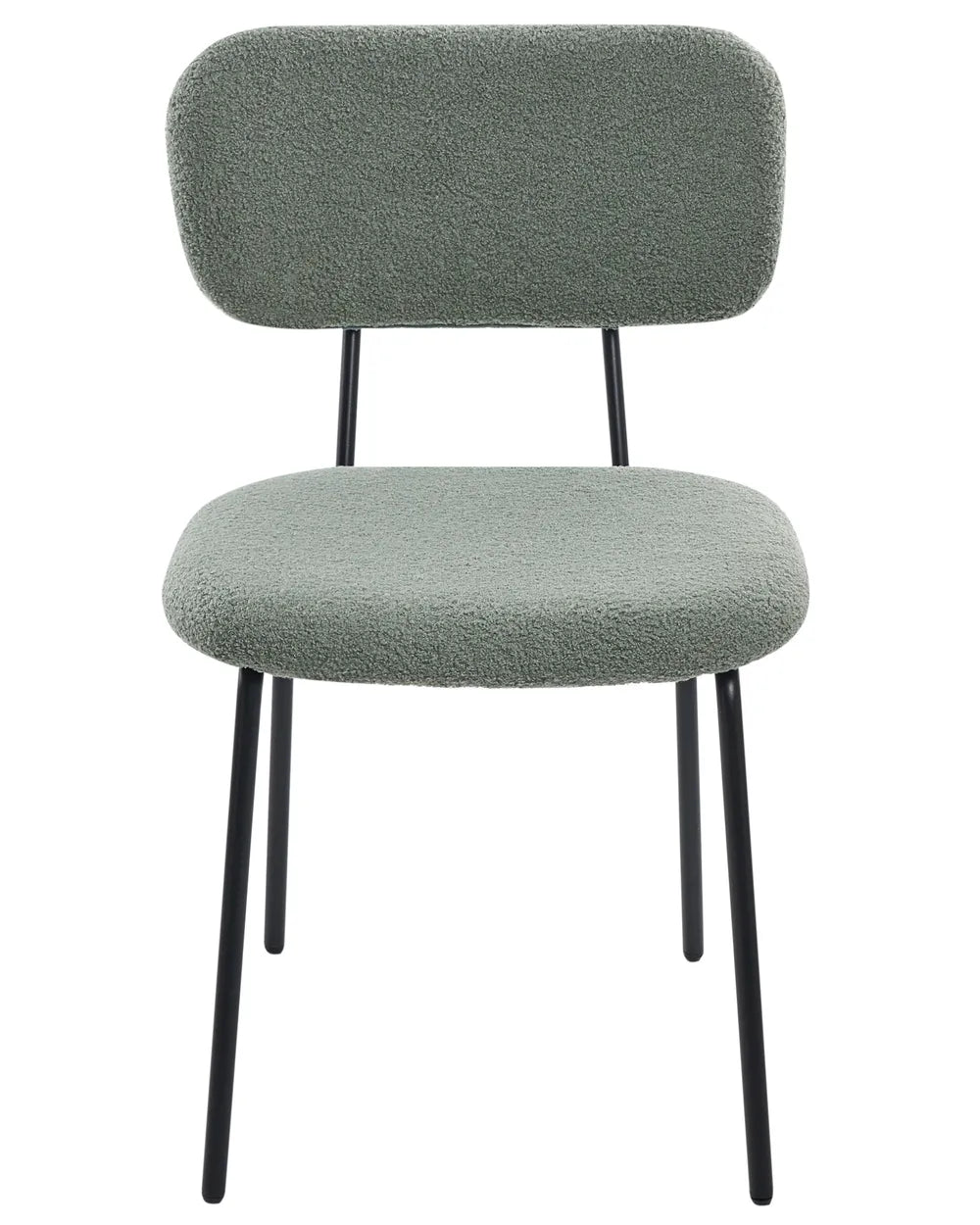 Light green bouclé dining chair without armrests, with a softly curved upholstered backrest and padded seat, on slim black metal legs.