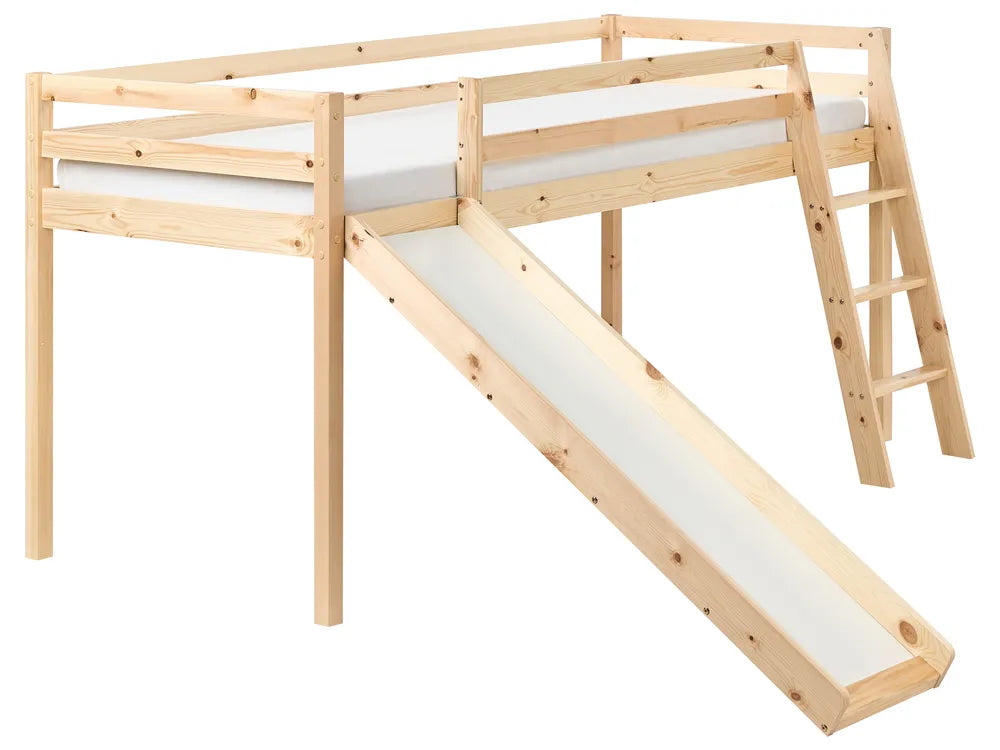 Wooden children's bed with slide on a white background