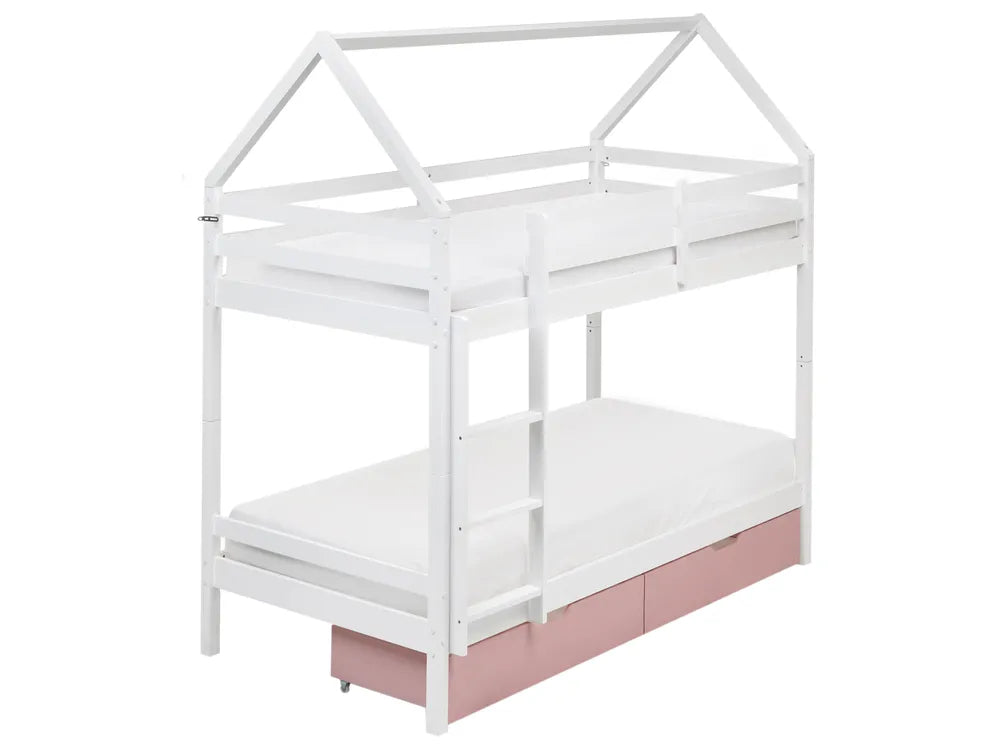 White and pink children's bunk bed with a slide on a white background