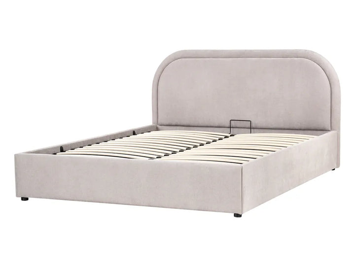 Beige upholstered bed frame on a white background