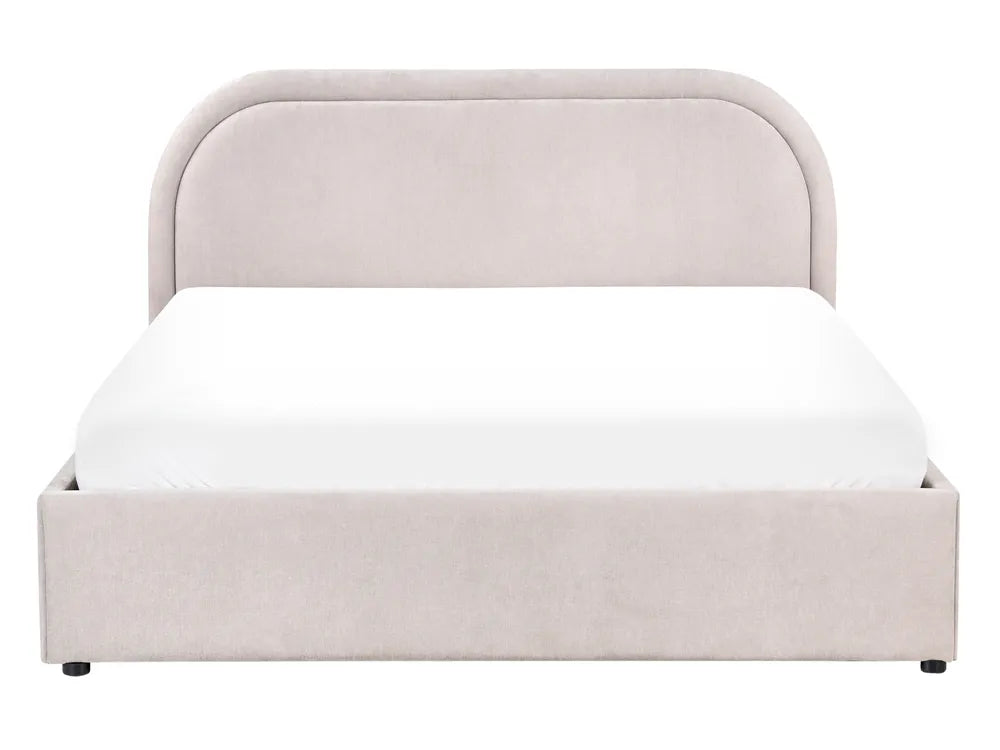Beige upholstered bed with white mattress on a white background