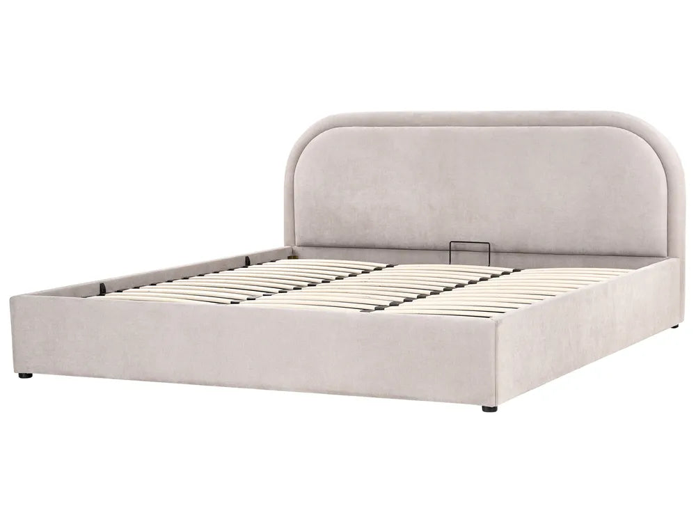 Beige upholstered bed frame on a white background