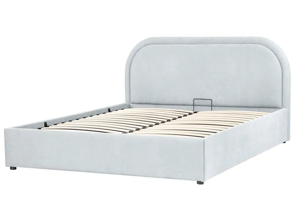 White upholstered bed frame with wooden slats on a white background