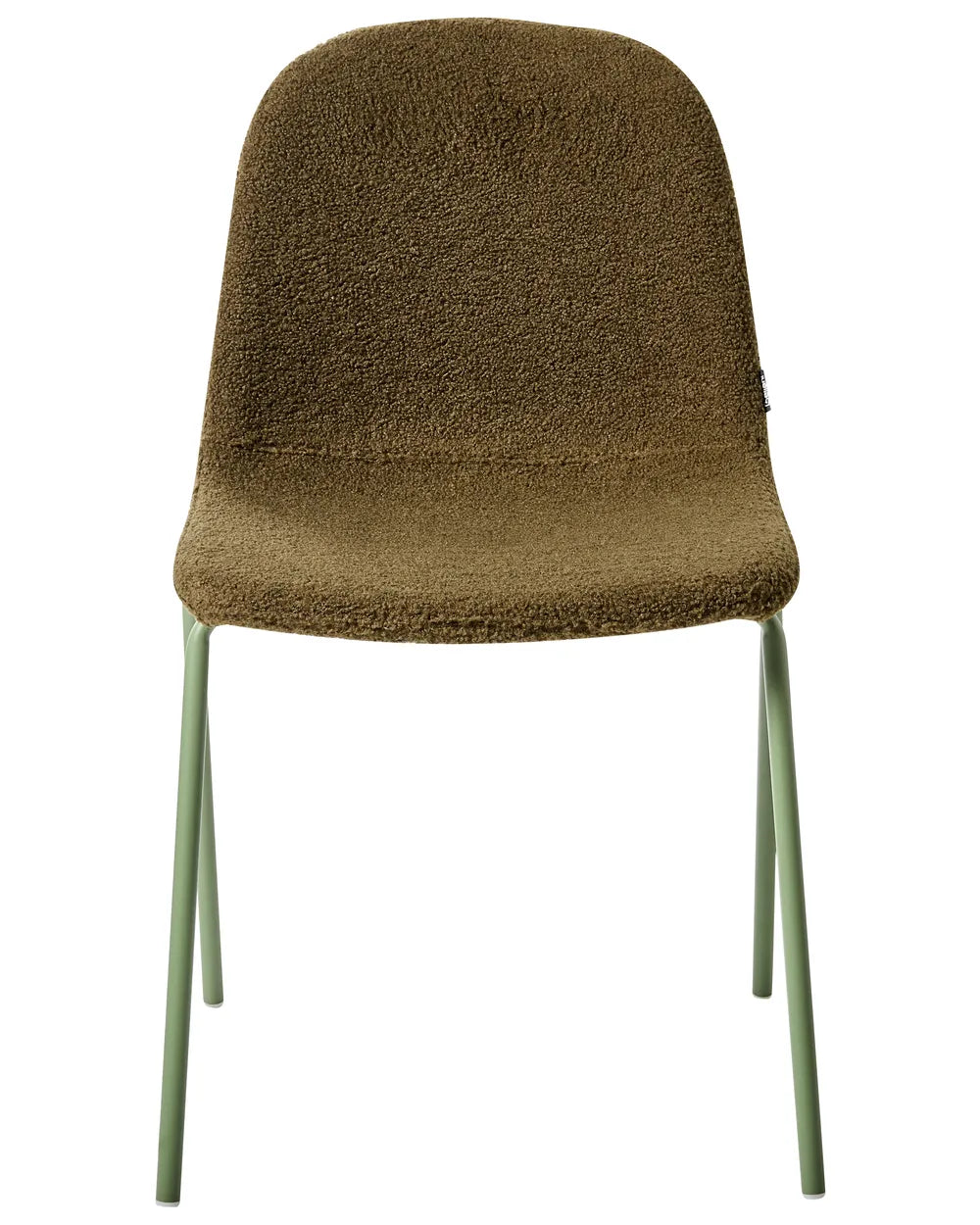 Bouclé dining chair in olive brown with a curved silhouette and slim sage-green metal legs.