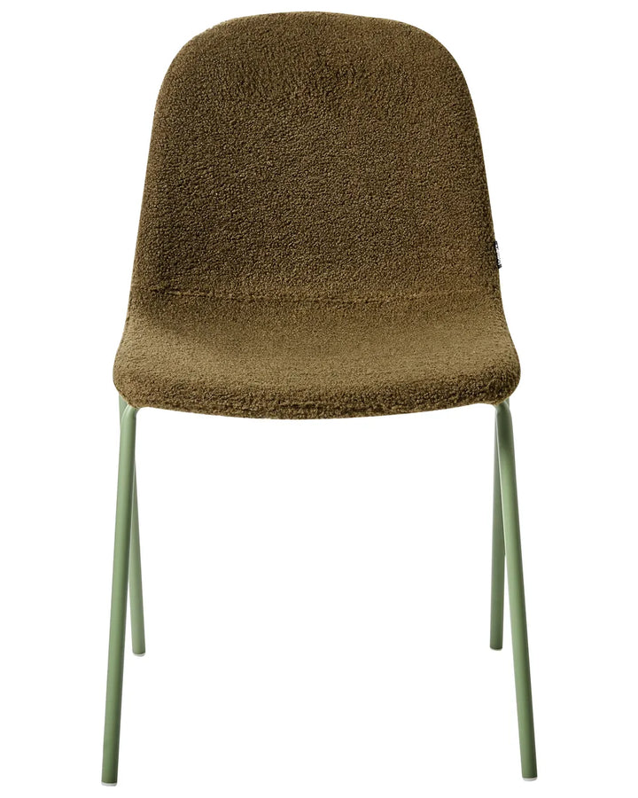 Bouclé dining chair in olive brown with a curved silhouette and slim sage-green metal legs.