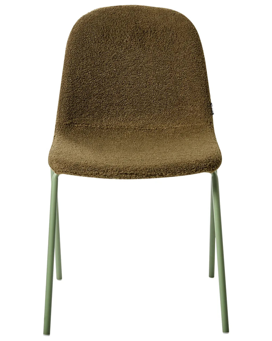 Bouclé dining chair in olive brown with a curved silhouette and slim sage-green metal legs.
