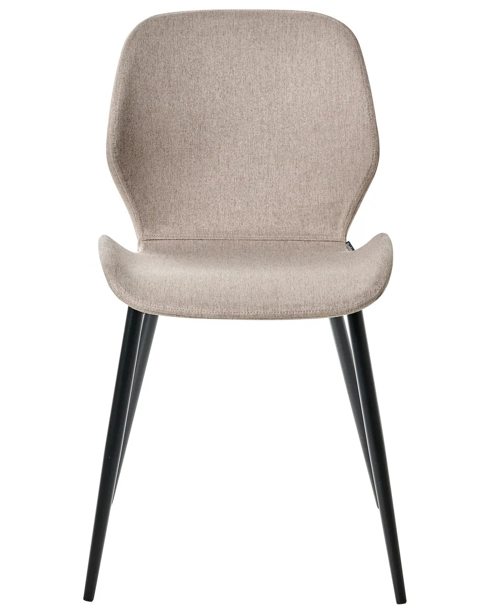 Upholstered dining chair with a curved backrest, integrated arm support, and black metal legs.