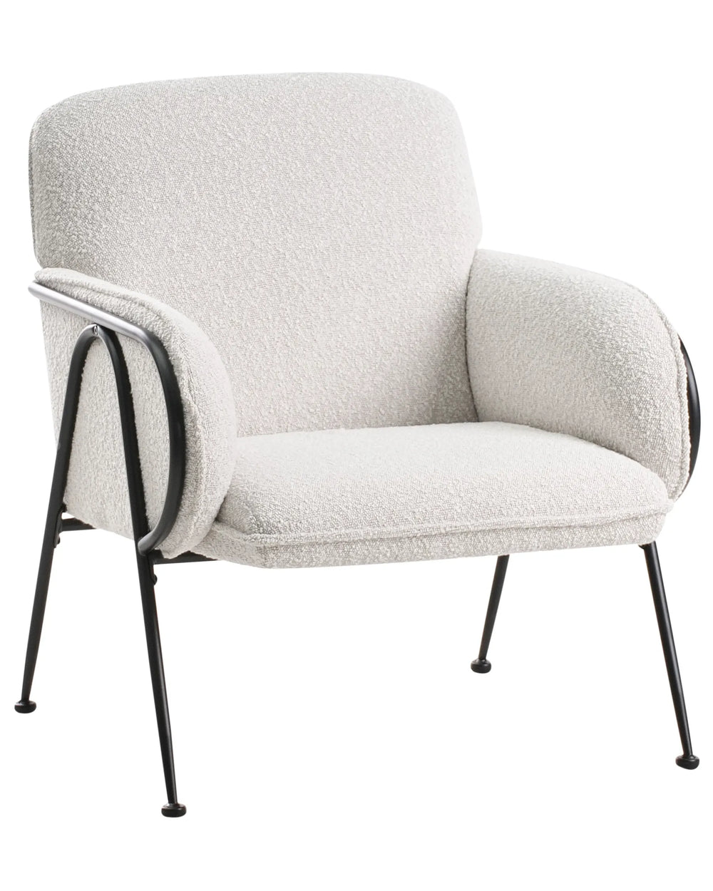Modern armchair with white cushioned backrest and seat on a white background