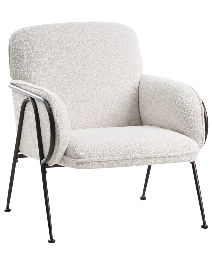 Modern armchair with white cushioned backrest and seat on a white background