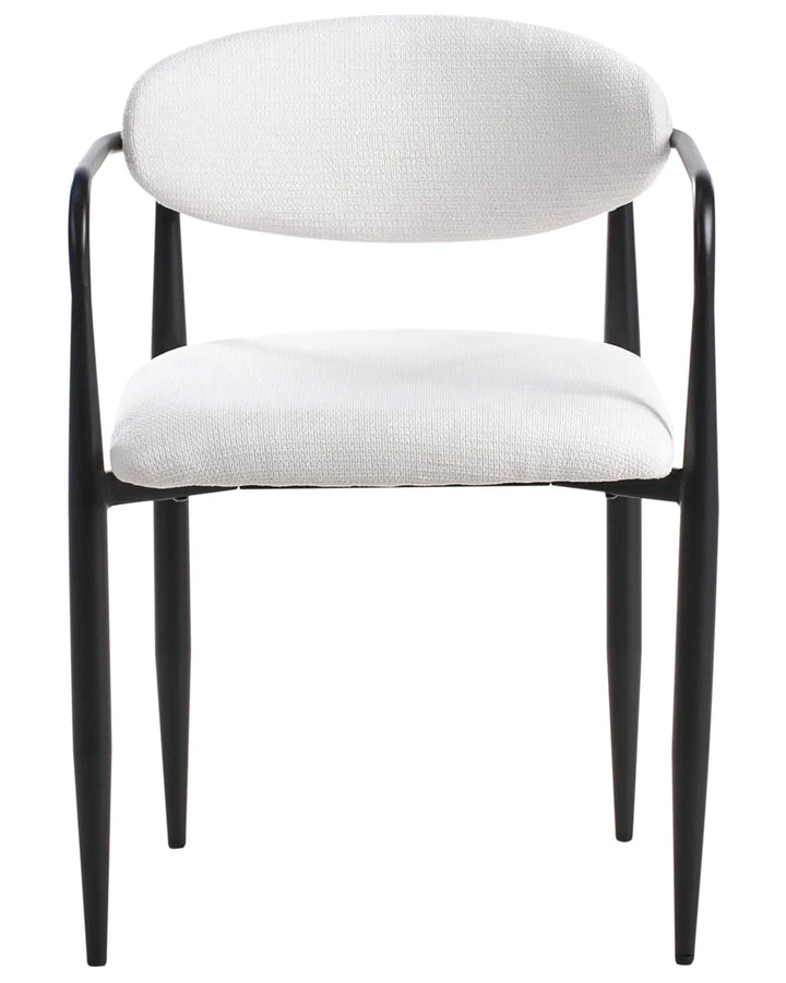 Off-white upholstered dining chair with a curved wraparound backrest, integrated armrests, cushioned seat, and sleek black metal frame for a refined, contemporary look.