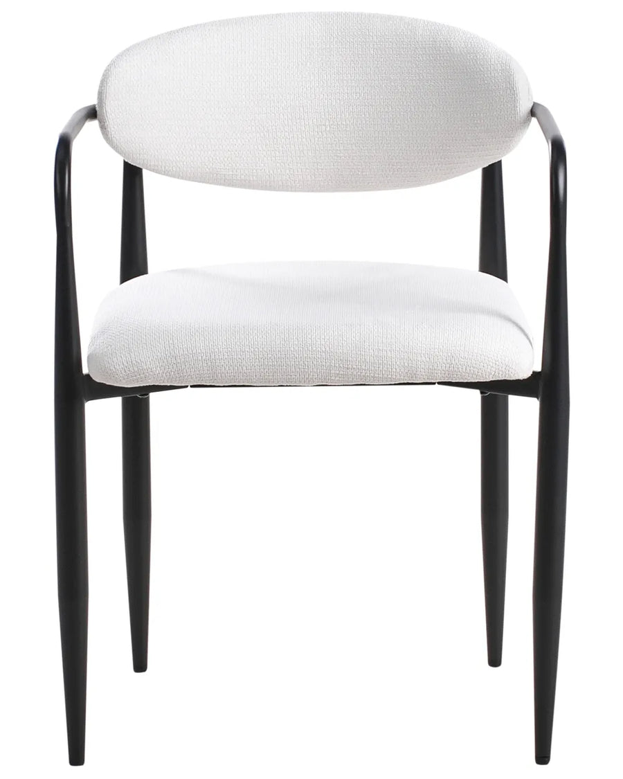 Off-white upholstered dining chair with a curved wraparound backrest, integrated armrests, cushioned seat, and sleek black metal frame for a refined, contemporary look.