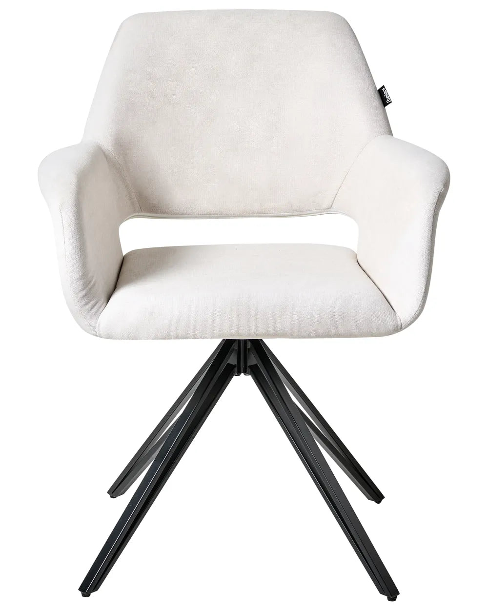 Off-white upholstered dining chair with integrated armrests, a softly curved silhouette, cushioned seat, and black swivel spider-leg metal base.
