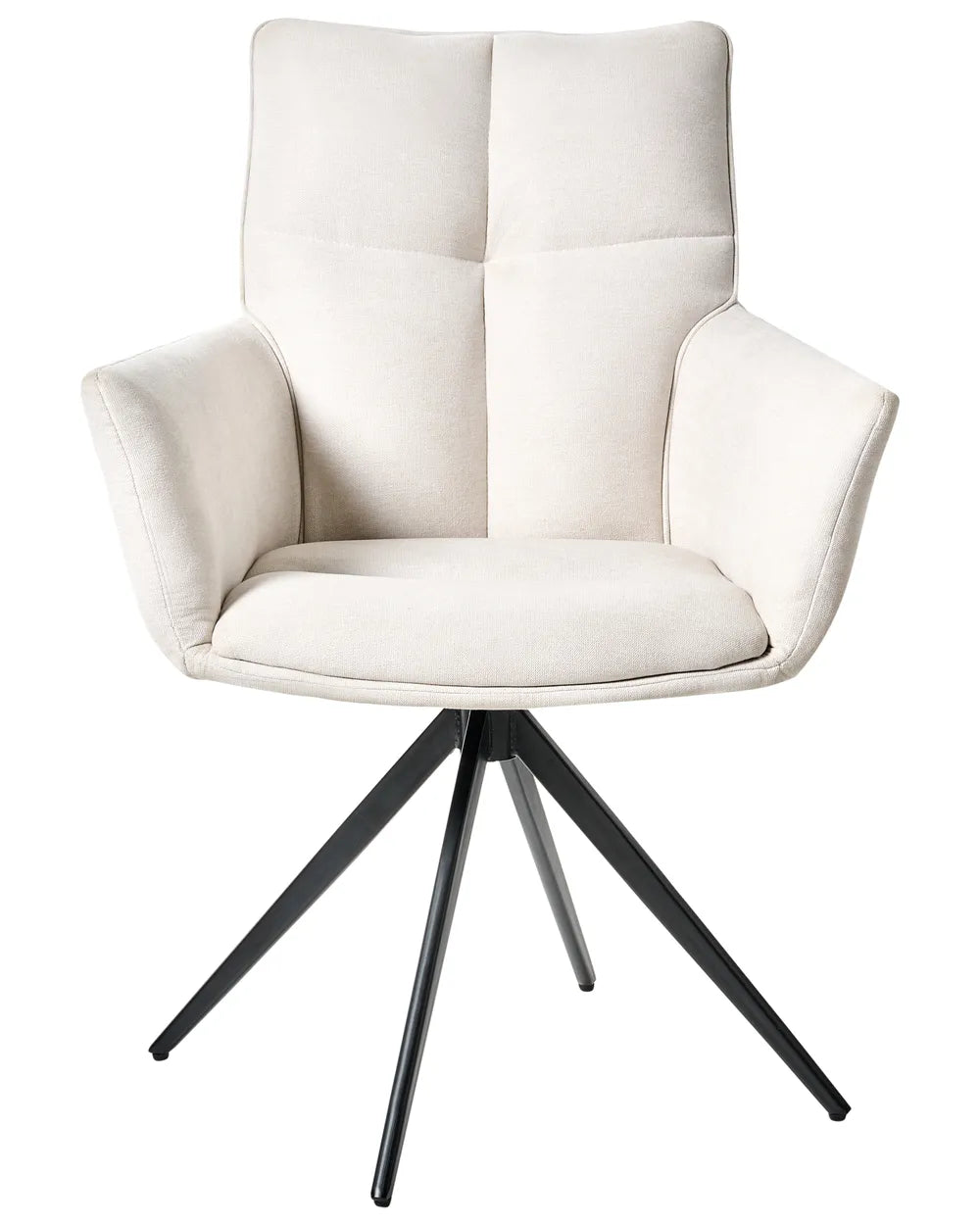 Cream swivel dining chair with padded backrest, armrests, and black metal base.