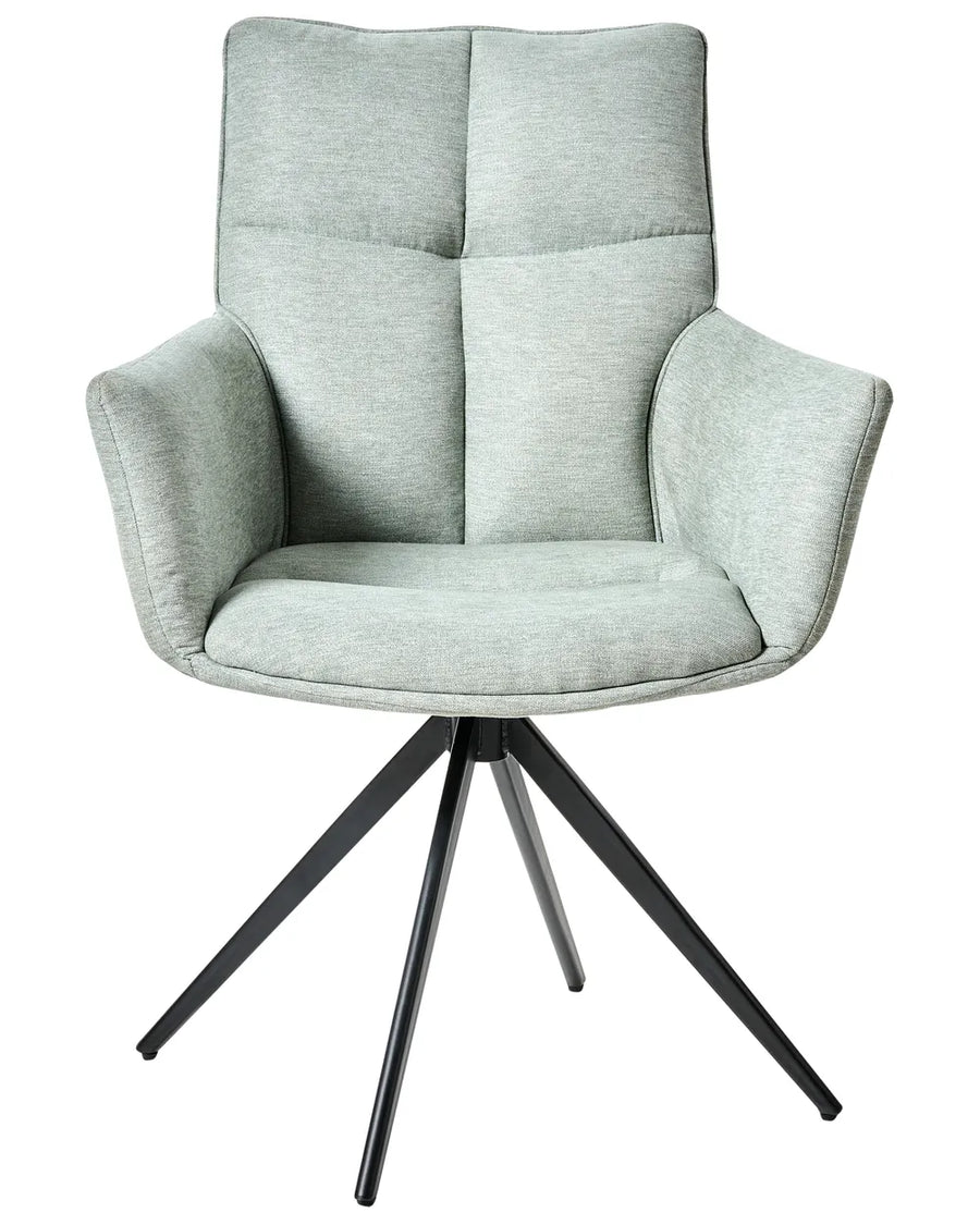 Sage green swivel dining chair with padded backrest, armrests, and black metal base.